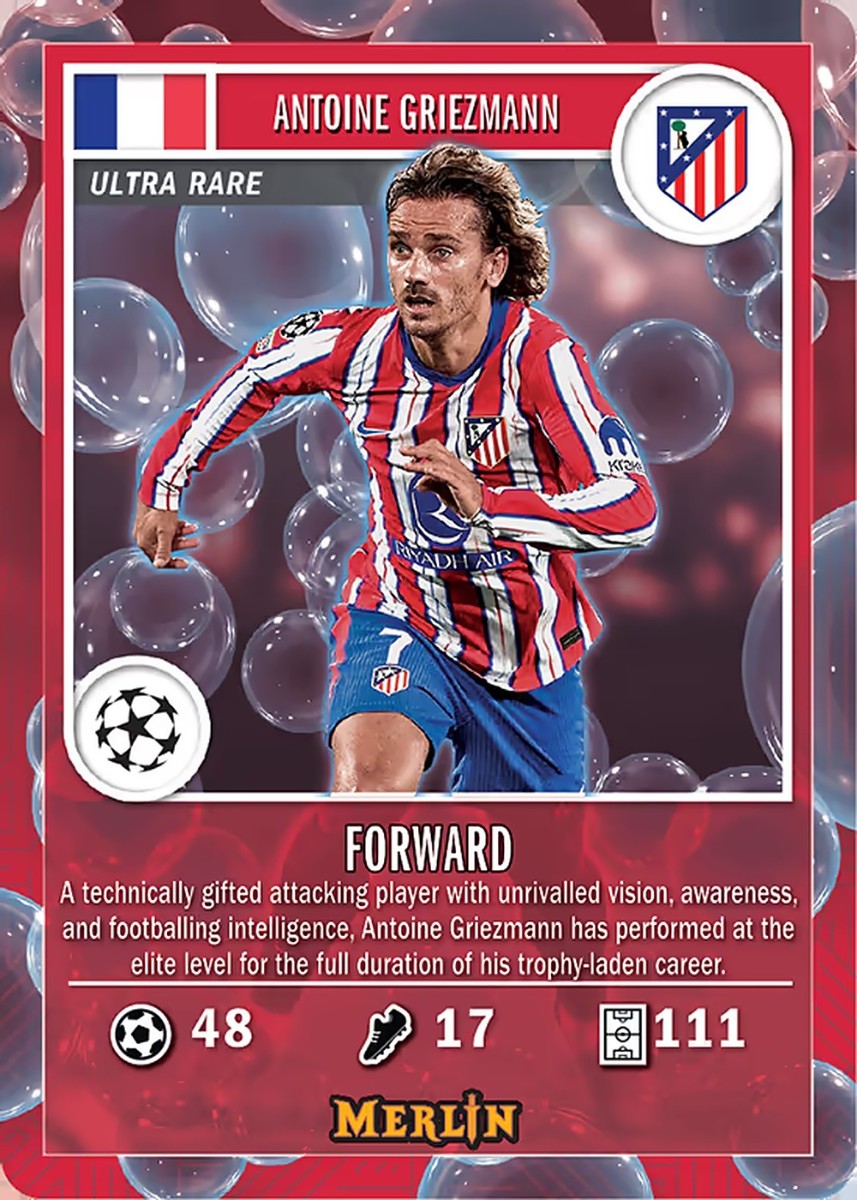 Cartonaș exemplu din Topps Merlin UEFA Club Competitions 2024-25: Antoine Griezmann, Merlin's Gamers, Red Bubbles /10