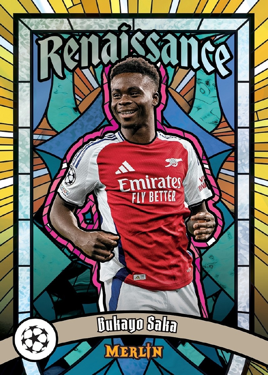 Cartonaș exemplu din Topps Merlin UEFA Club Competitions 2024-25: Bukayo Saka, Renaissance Stained Glass