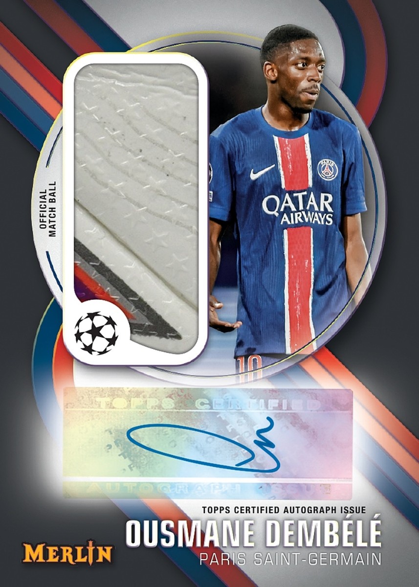 Cartonaș exemplu din Topps Merlin UEFA Club Competitions 2024-25: Ousmane Dembélé, Merlin's Match Ball Signatures, autograf