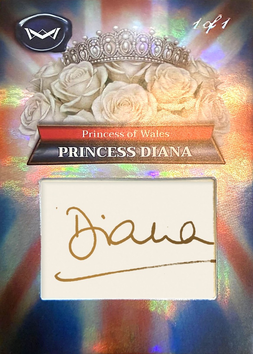 Cartonaș exemplu din Worlds Monarchs Series 2: Prințesa Diana, Authentic Relic, autograf, 1 of 1
